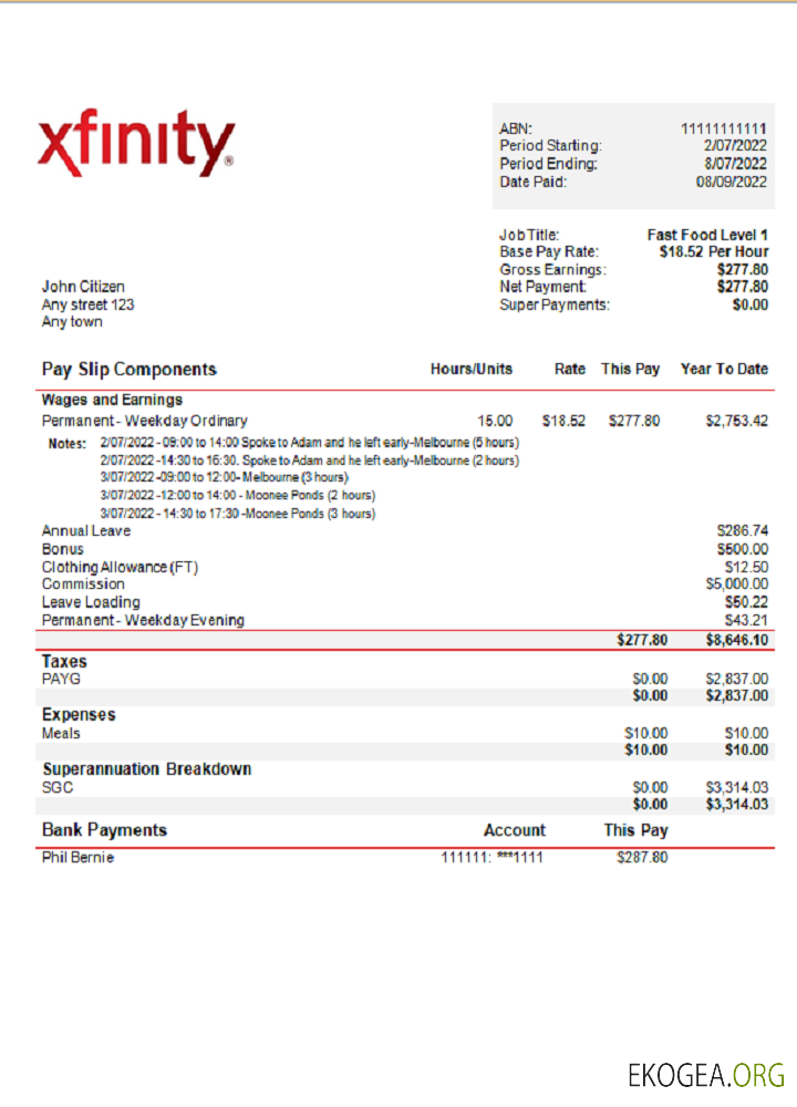 Fiche de paie de la société de diffusion Xfinity aux États Unis